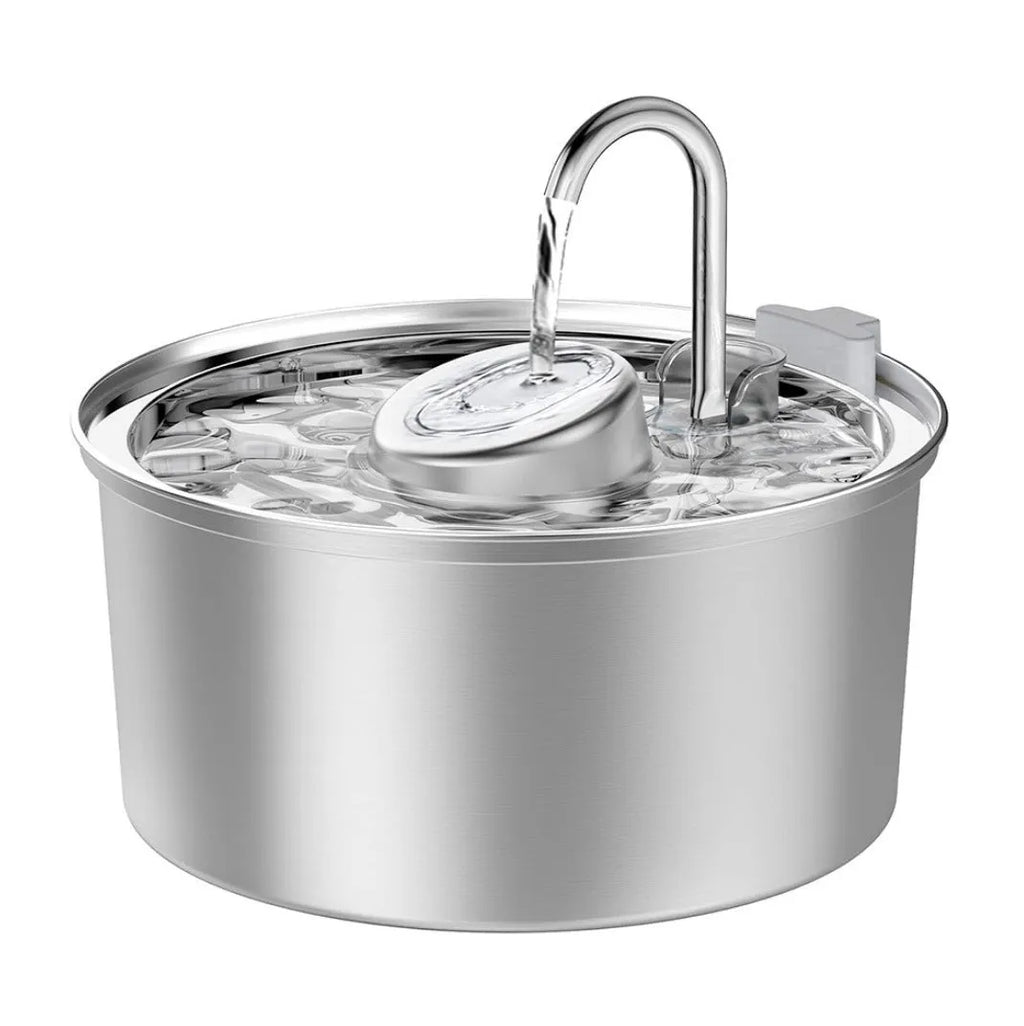 Stainless steel round pet water dispenser with 4 litre capacity and a faucet showing water level window.