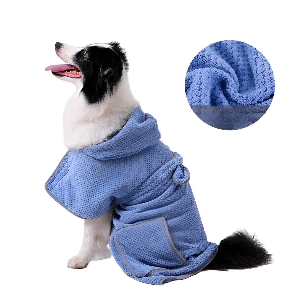 Blue adjustable dog bath robe towel wrapped around a dog, showing sizing chart for XS, S, M, L, and XL.