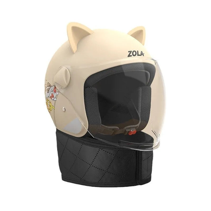 Electric bicycle helmet with attached winter scarf and anti-fog visor shown in blue.