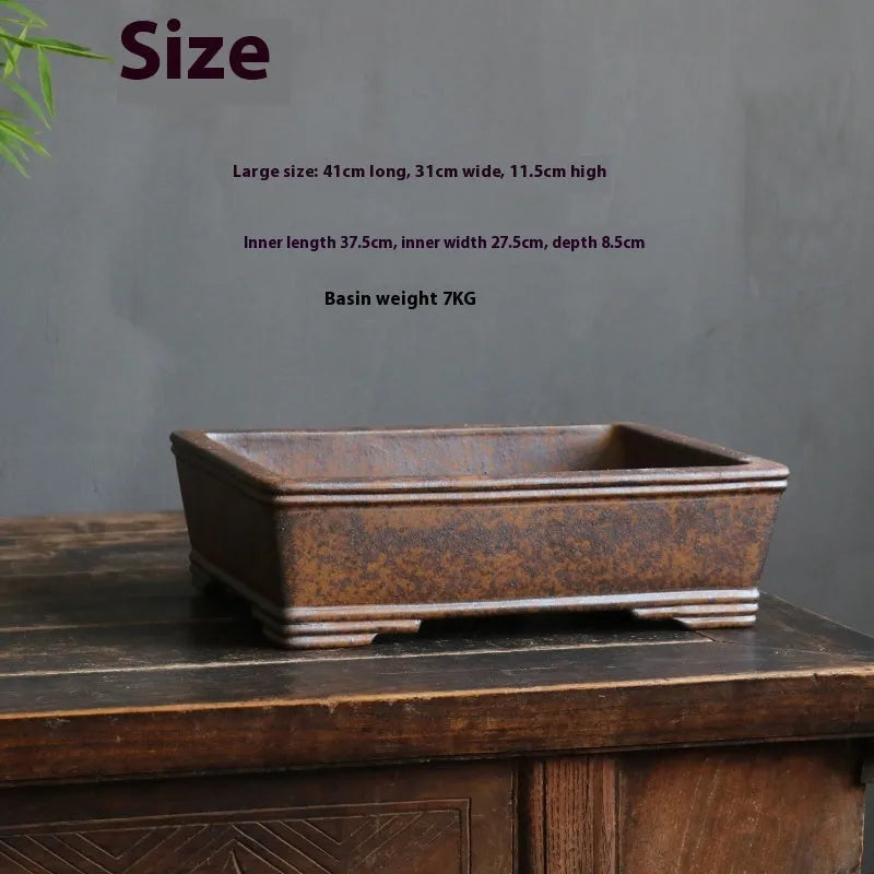 Rectangular purple sand ceramic bonsai flowerpot shown in large and small size options.
