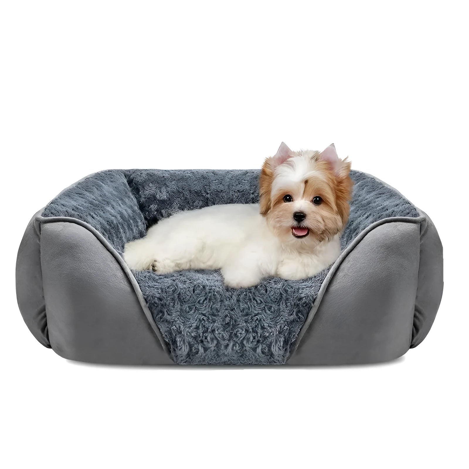 Golden Retriever stuffed enclosed pet kennel dog bed in beige, showing raised bolster edges and nest design.