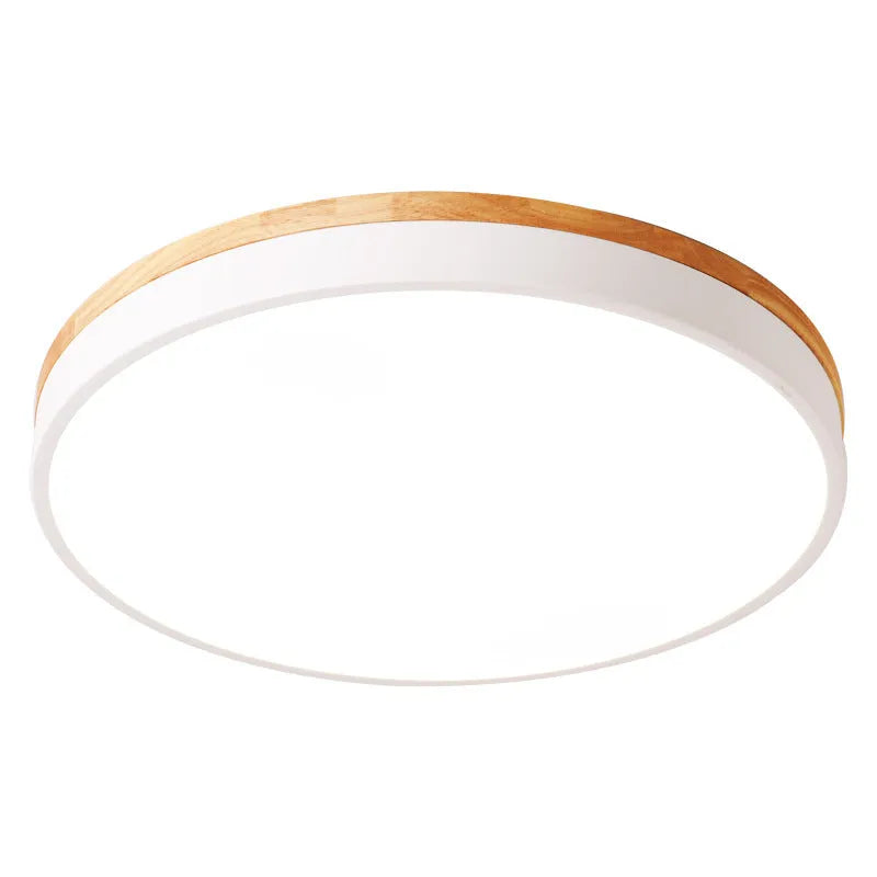 Nordic style round ceiling lamp made of solid wood and iron with a white finish.