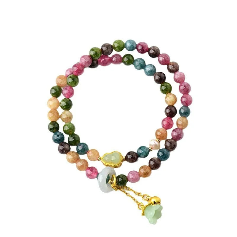 Natural chalcedony double ring bracelet with 6-6.5mm beads in C118 tourmaline colour geometric design