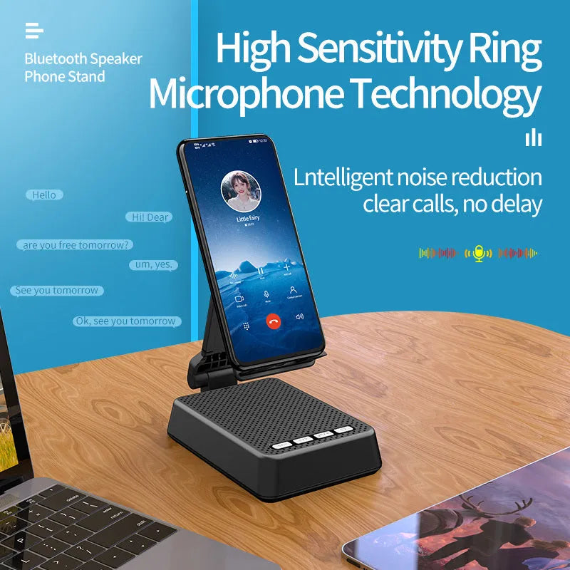 Black Bluetooth speaker phone stand with microphone for live streaming, showing phone holder and charging port