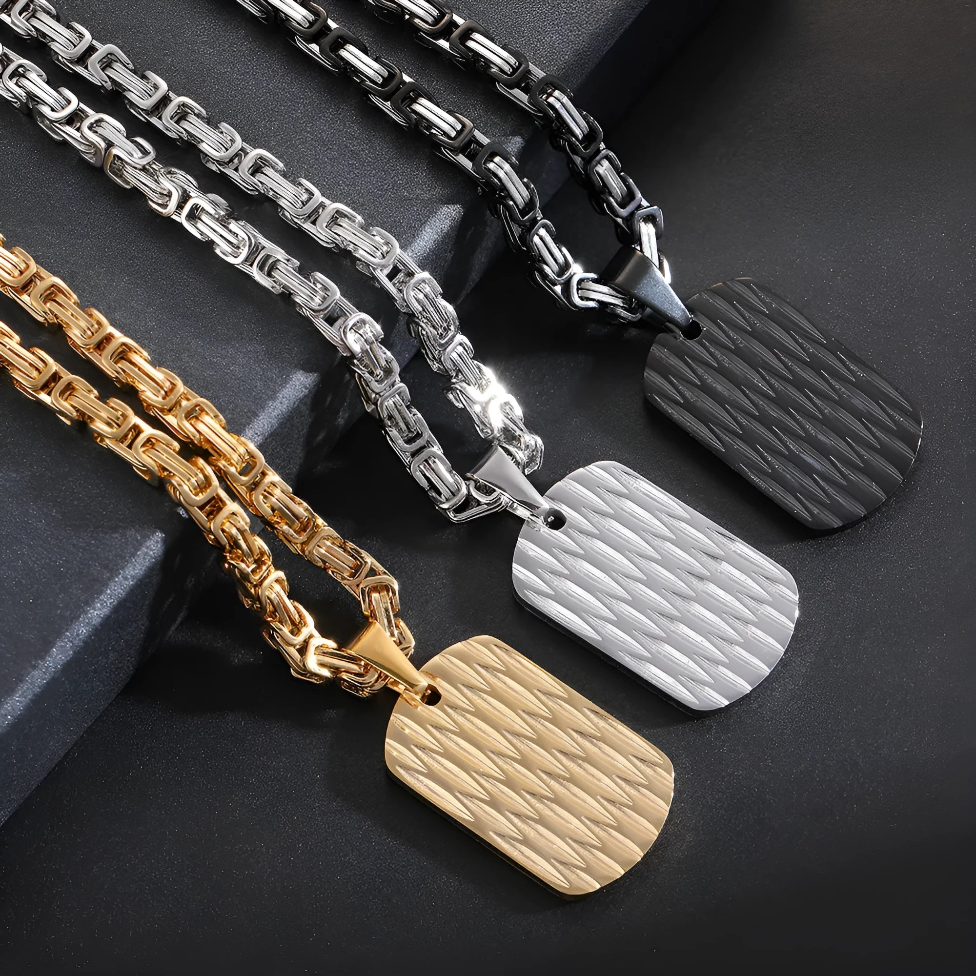 Men's titanium steel necklace with geometric water ripple pendant on an emperor chain.