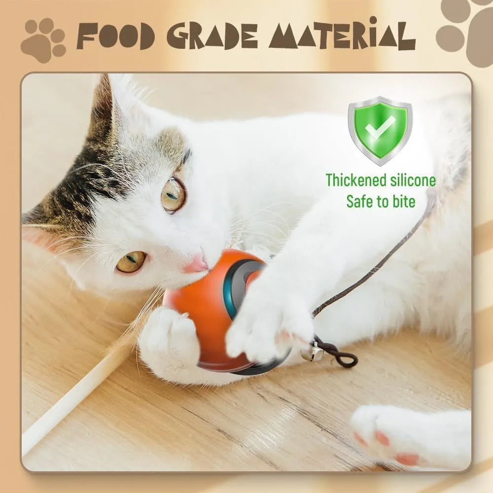 Interactive rolling ball pet toy in blue and red options showing motion-activated design for cats and dogs