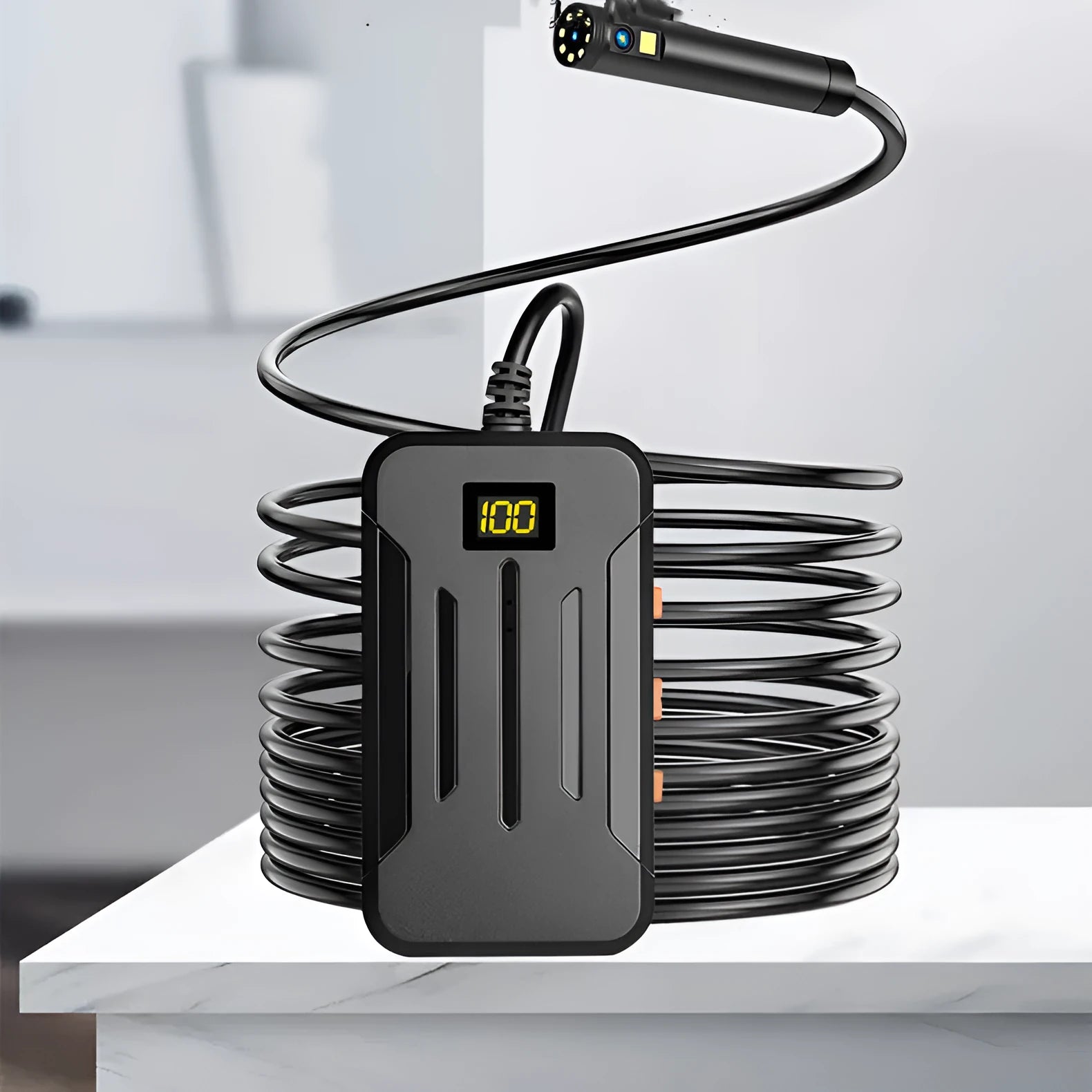 Wireless dual lens inspection endoscope with magnetic tip and hook accessories for pipe and cavity examination