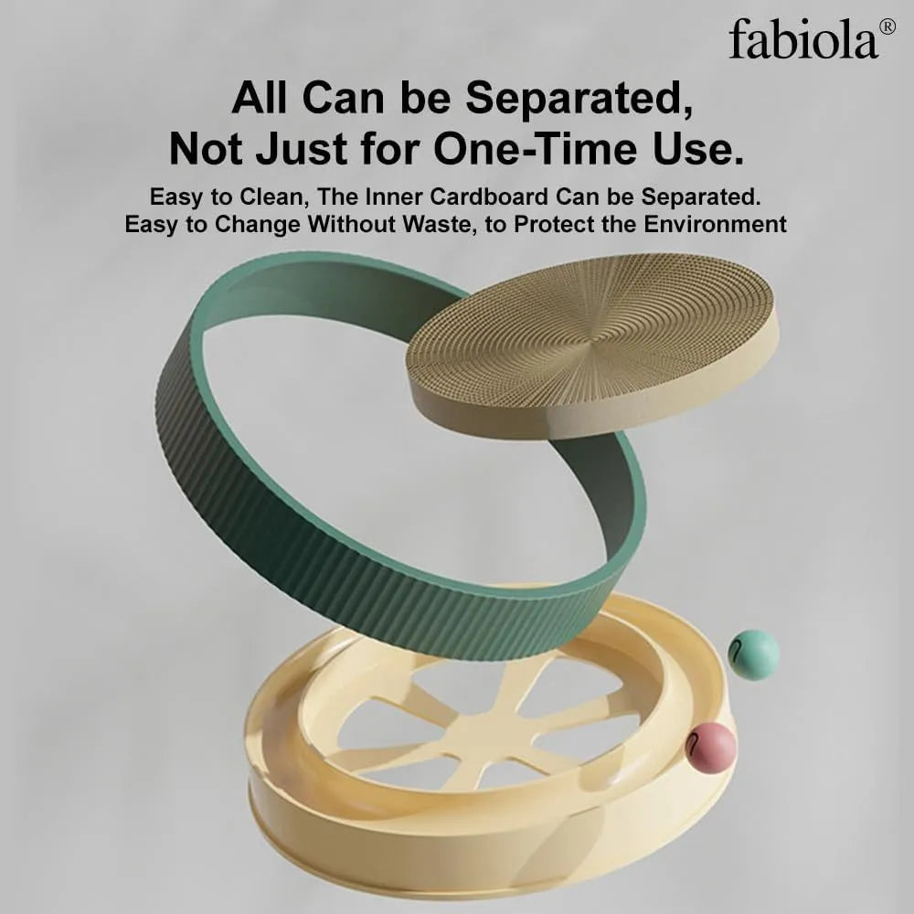 Large circular green cat scratching board with built-in ball toys and a replaceable cardboard core.
