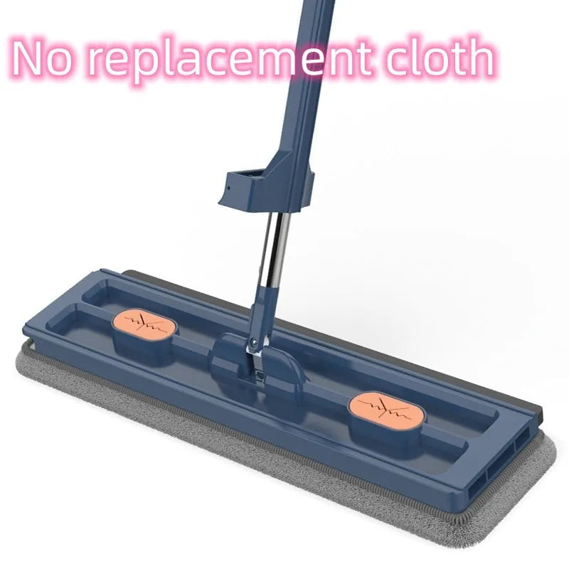 Large flat mop with blue cloth on stainless steel telescopic handle showing rotating head mechanism