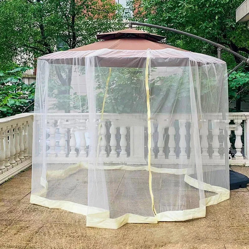 Large beige outdoor umbrella tent with full mosquito netting walls providing shade and insect protection.