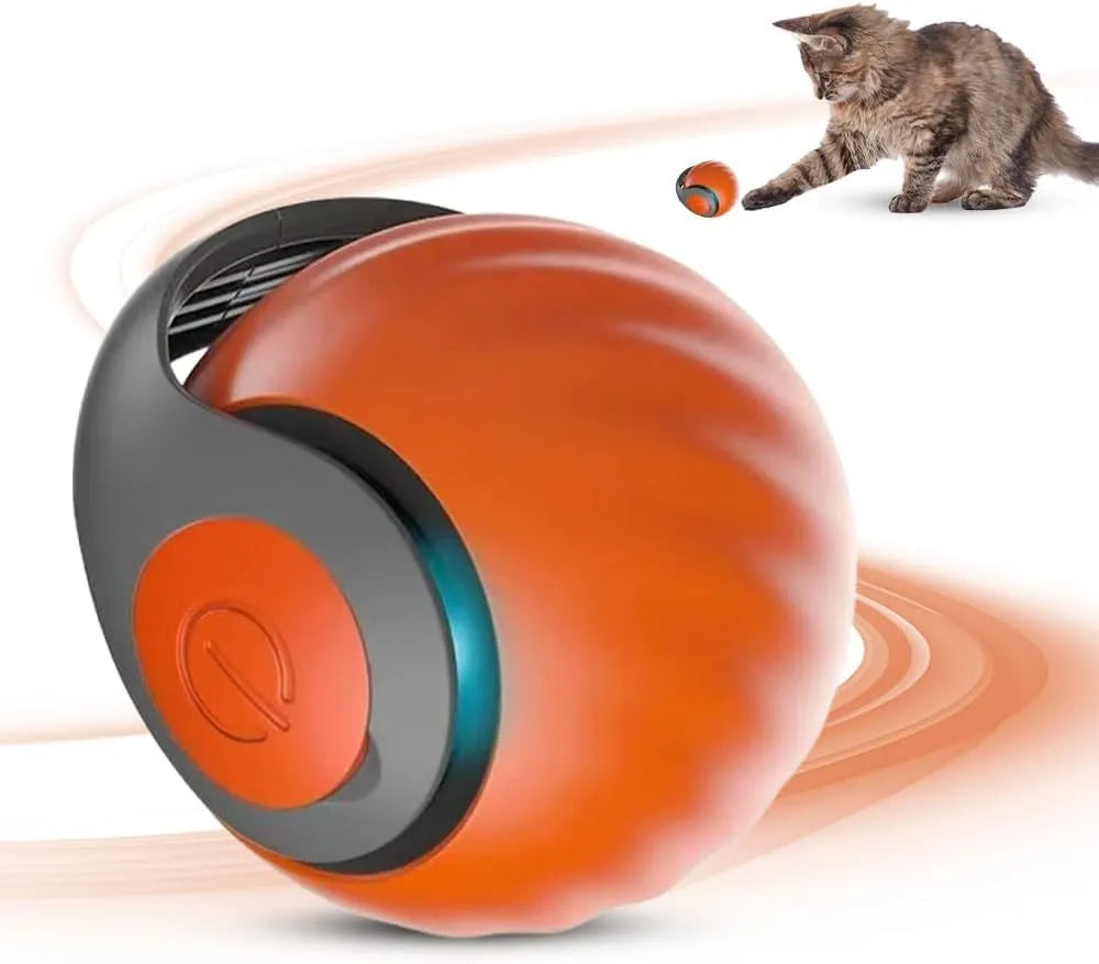 Interactive rolling ball pet toy in blue and red options showing motion-activated design for cats and dogs