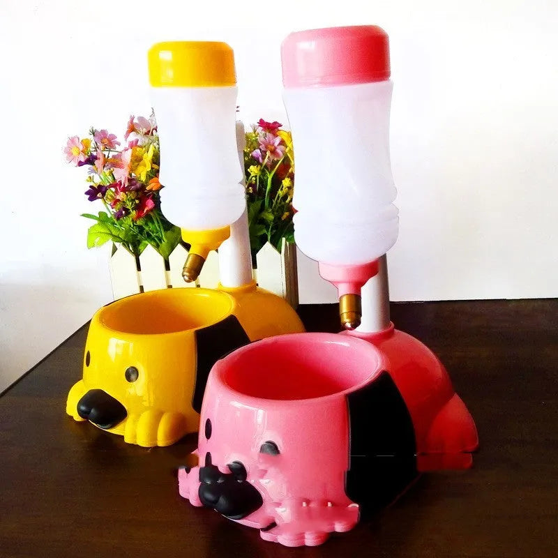 Plastic adjustable rod-lift pet water bowl in pink, blue, and yellow colours.