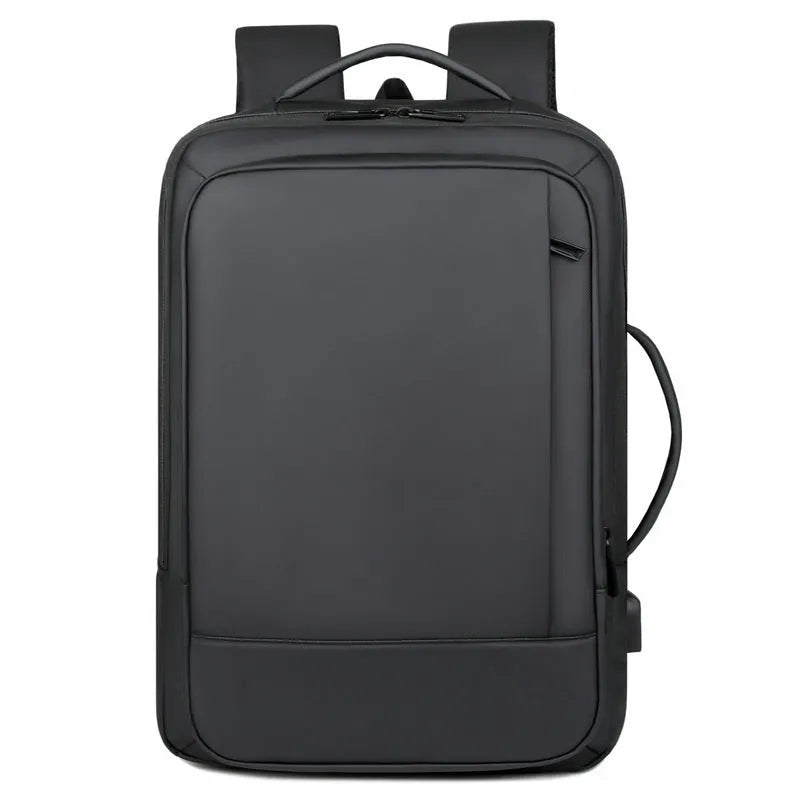 Black waterproof Oxford cloth backpack with Derm leather details and curved shoulder strap