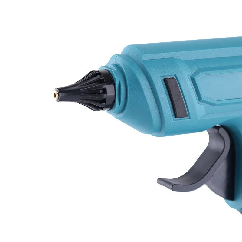 21V rechargeable lithium hot melt glue gun with bare metal finish and 11mm glue sticks