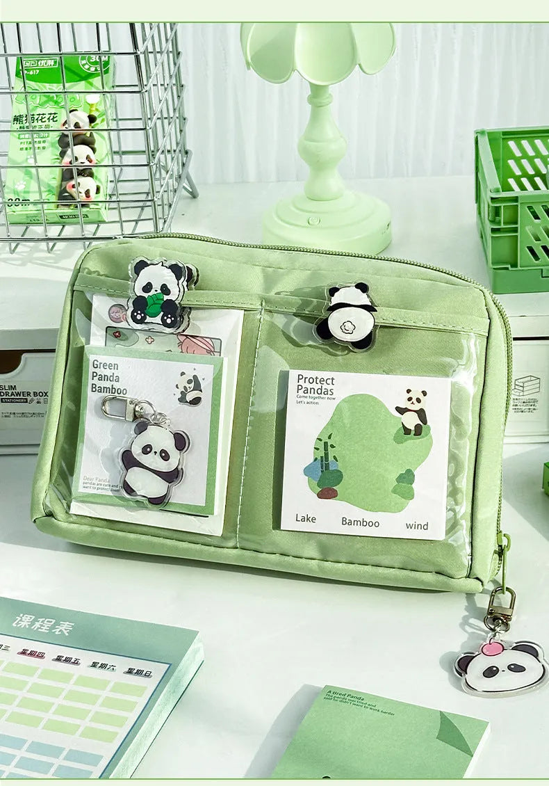 Green canvas pencil case with 12 layer compartments showing Korean style design