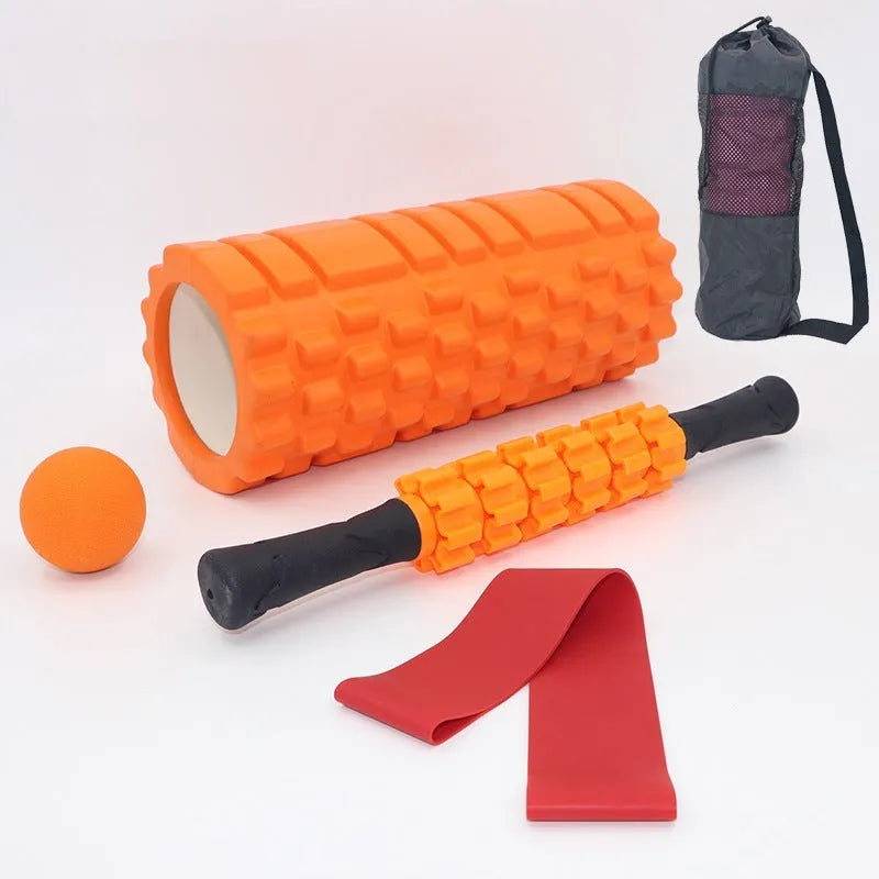 Black six-piece segmented foam massage roller measuring 33cm in length