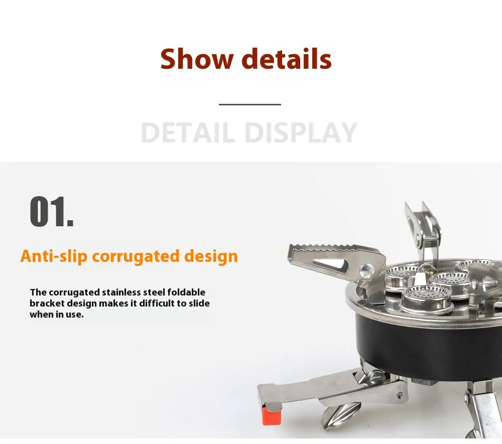 Silver portable stainless steel split camping stove shown with its 100cm fuel hose, folded to 155mm by 125mm.