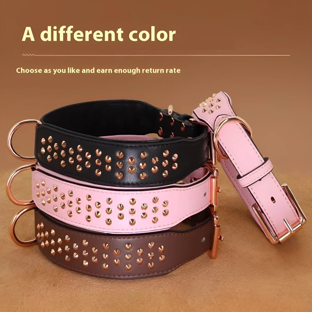 Black leather dog collar with metal rivets and buckle for large adult dogs