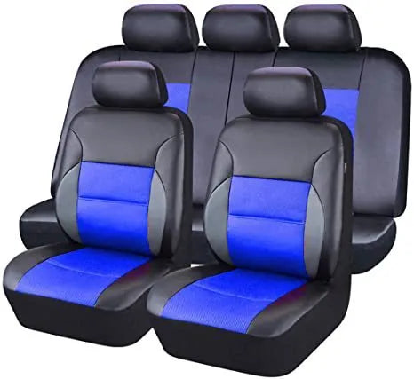 Black artificial leather car seat covers installed on front seats of a 5-seater vehicle.