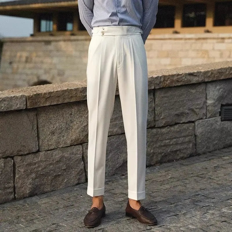Men's slim fit straight leg suit trousers in black, white, or apricot colours