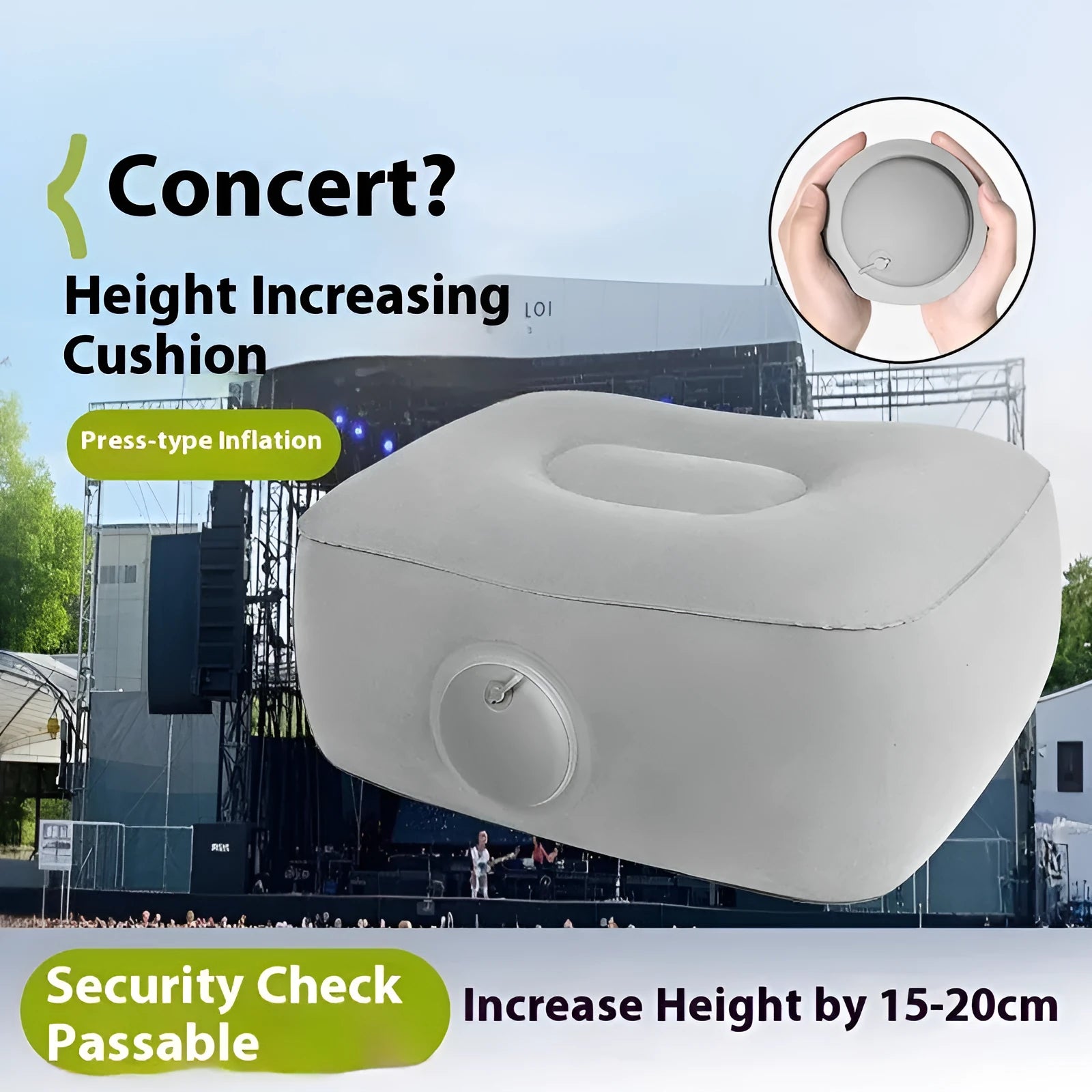 Inflatable portable seat cushion with flocking material shown inflated for use.
