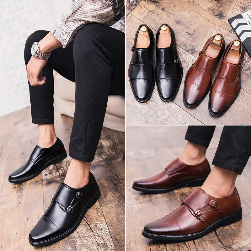 Men's British slip on plus size leather shoes round toe low top black brown sizes 38-45