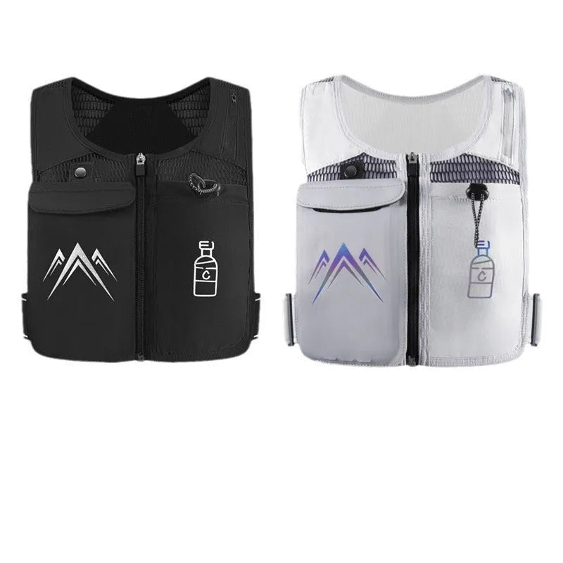 Black breathable mesh running vest with integrated hydration pack and front phone pocket for outdoor sports.