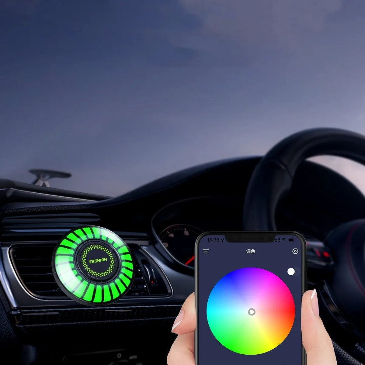 RGB voice-controlled car air vent aromatherapy light with odour removal function.
