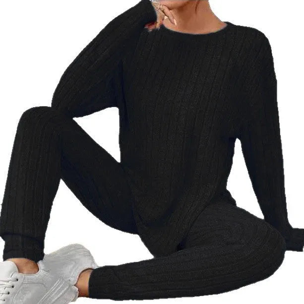 Sunken stripe pattern casual two-piece homewear set in black or blue colour with extended 1XL-5XL sizing