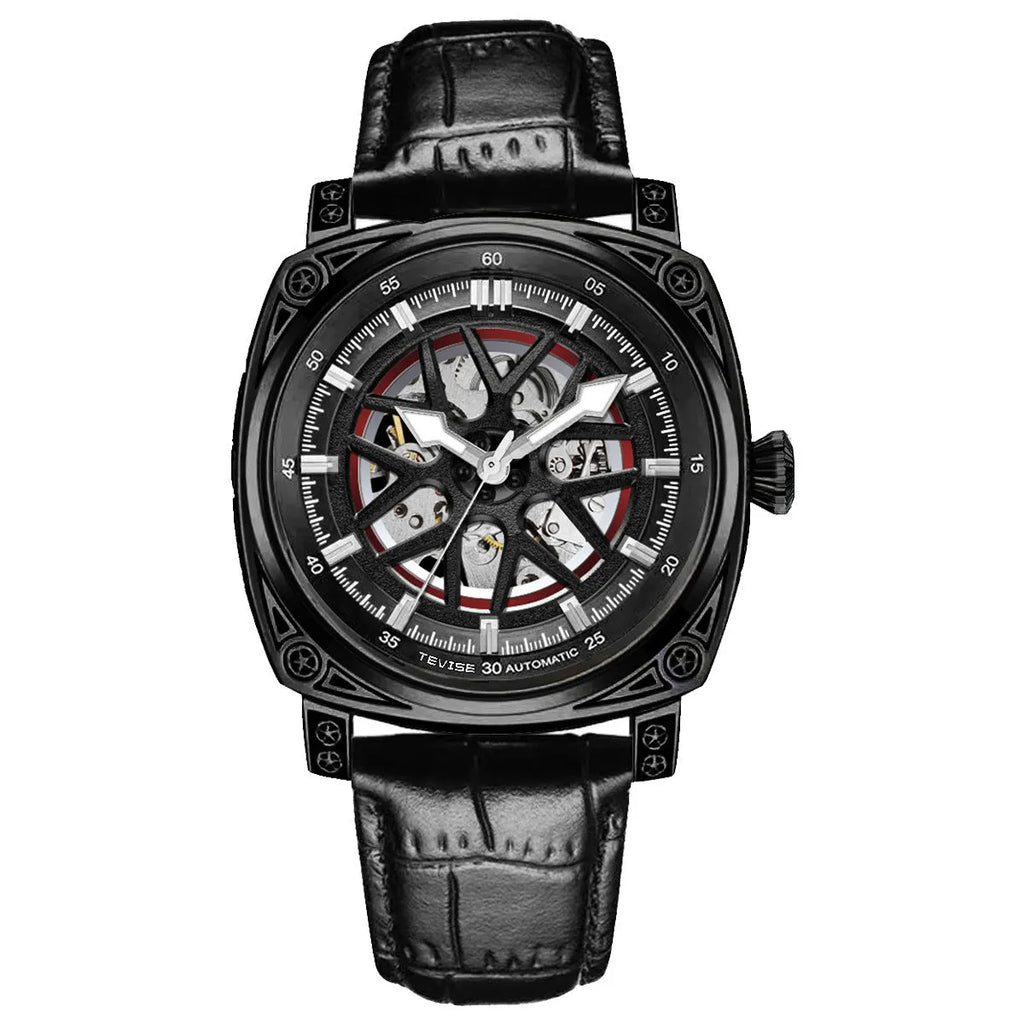 Men's stainless steel automatic mechanical watch with a leather strap on a wrist