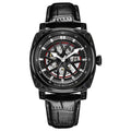 Men's stainless steel automatic mechanical watch with a leather strap on a wrist