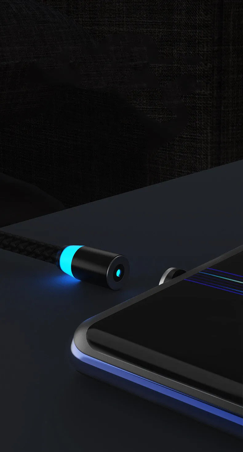 Magnetic smartphone charging cable with LED breathing light, showing black and gold colour options.