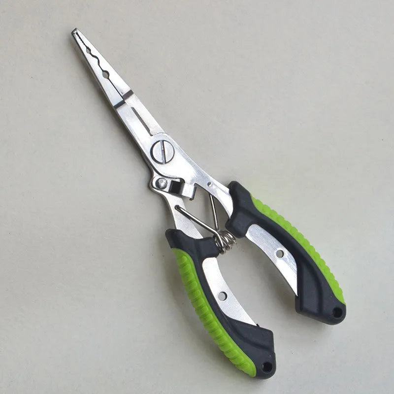 PE39 stainless steel multifunctional fishing pliers with straight mouth, hook, and blue plastic handles.