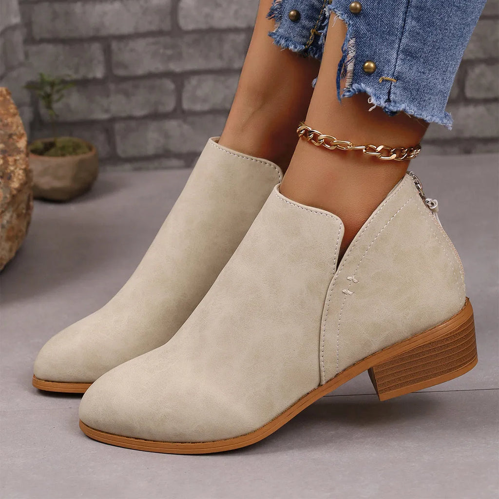Chunky heel pointed toe ankle boots with V-cut design for women, in khaki colour, side view