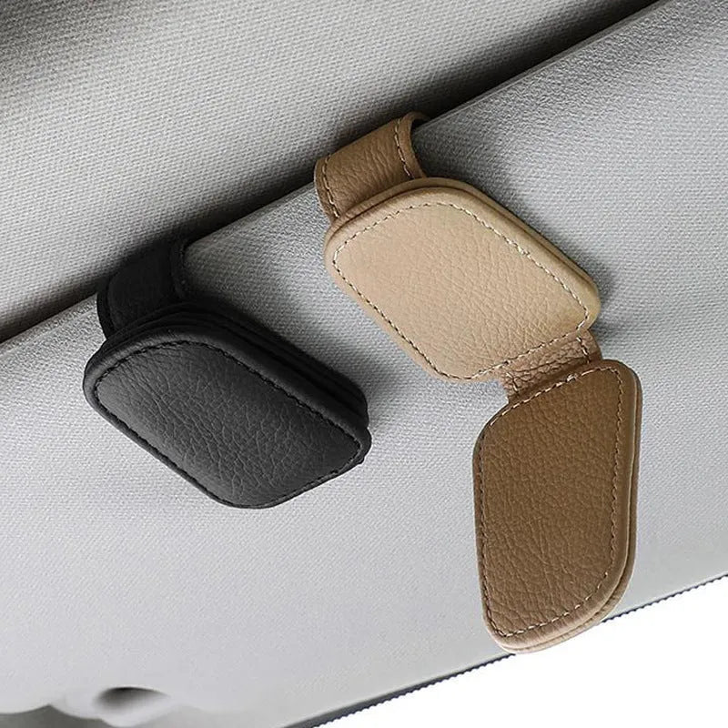 Car sunglasses clip with PU leather case attached to sun visor