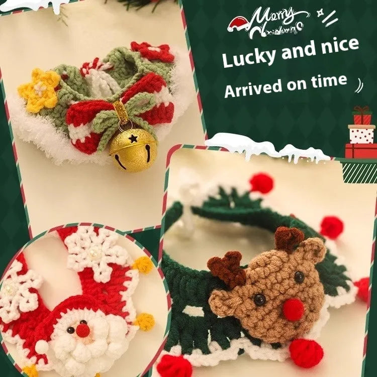 Christmas-themed wool scarf for pets on a dog, showing festive pattern options like snowflake Santa and gingerbread man.