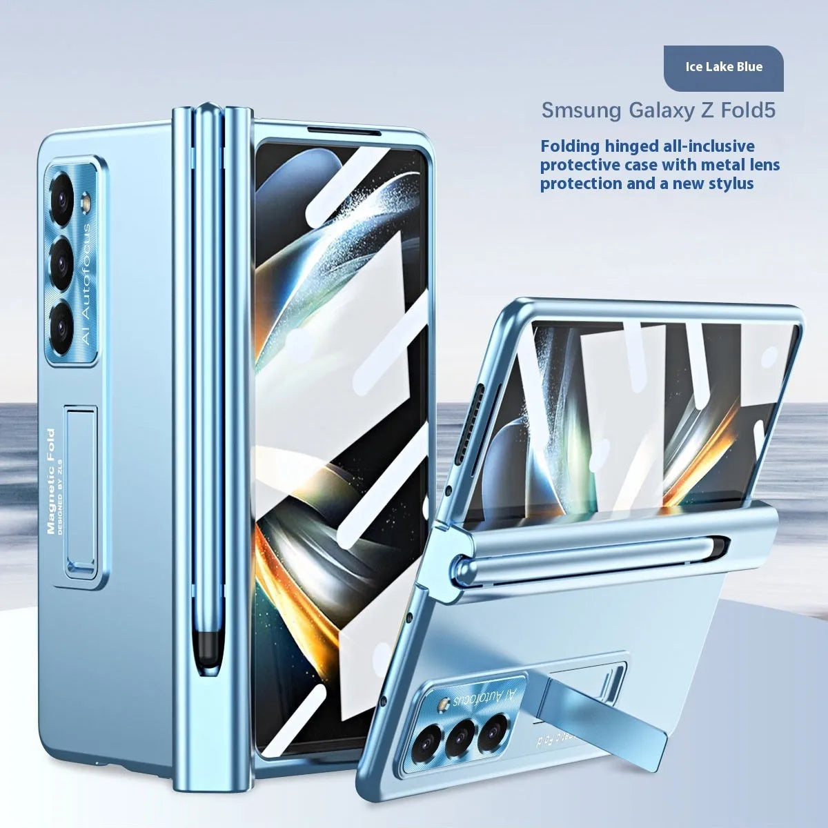 Magnetic suction phone case for Samsung Z Fold5 with hinge cover and bracket in ice lake blue
