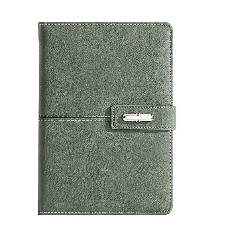 Custom A5 notebook with PU leather cover in colour options of black, red, green, blue, or orange, showing wood-free paper inside.