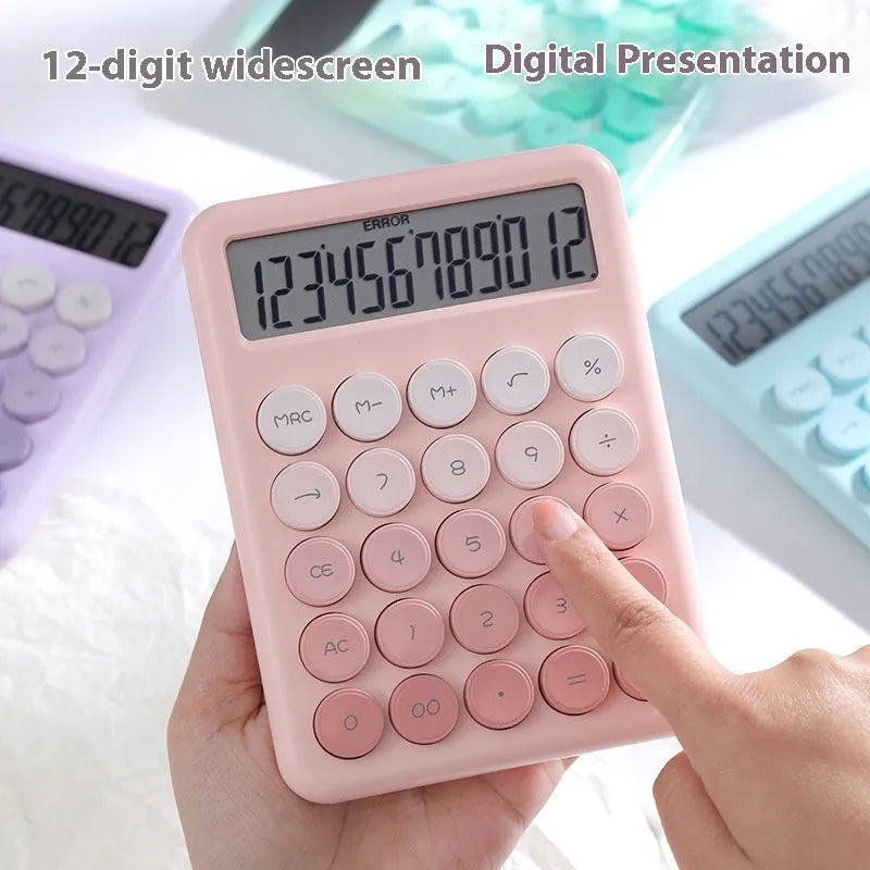 Desktop calculator with colourful gradient design in violet, cherry blossom, blue, and mint green tones