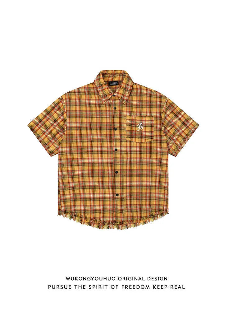Yellow plaid short sleeve shirt with embroidered pocket for men and women