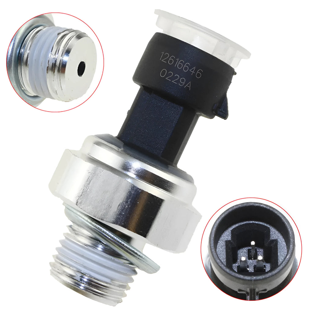 Buick and Chevrolet oil pressure sensor with part numbers 12573107 and 12614969 visible.