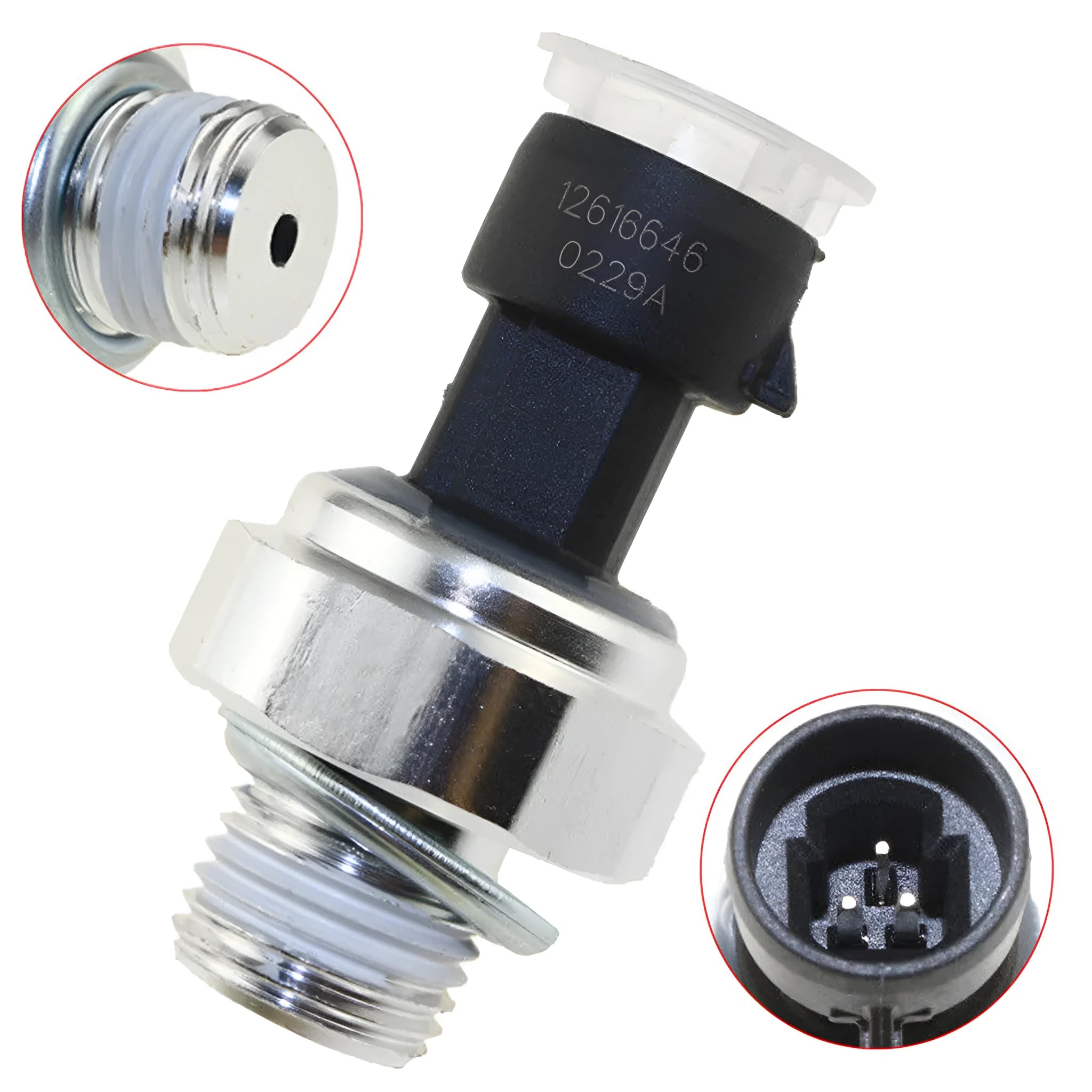 Buick and Chevrolet oil pressure sensor with part numbers 12573107 and 12614969 visible.