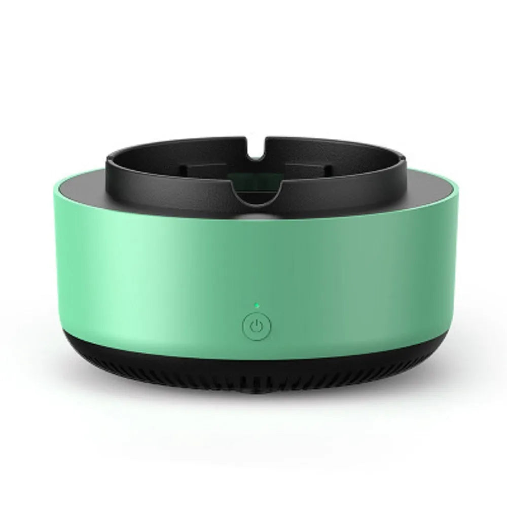 Grey intelligent electronic air purifier ashtray on a table with cigarette