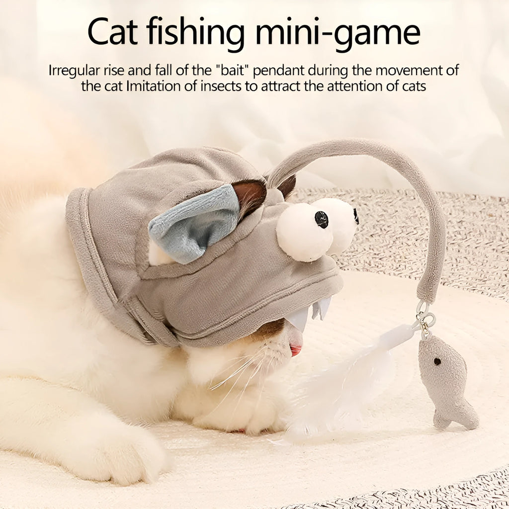 Grey big eye fish design cat toy with feather head teaser and adjustable neckband
