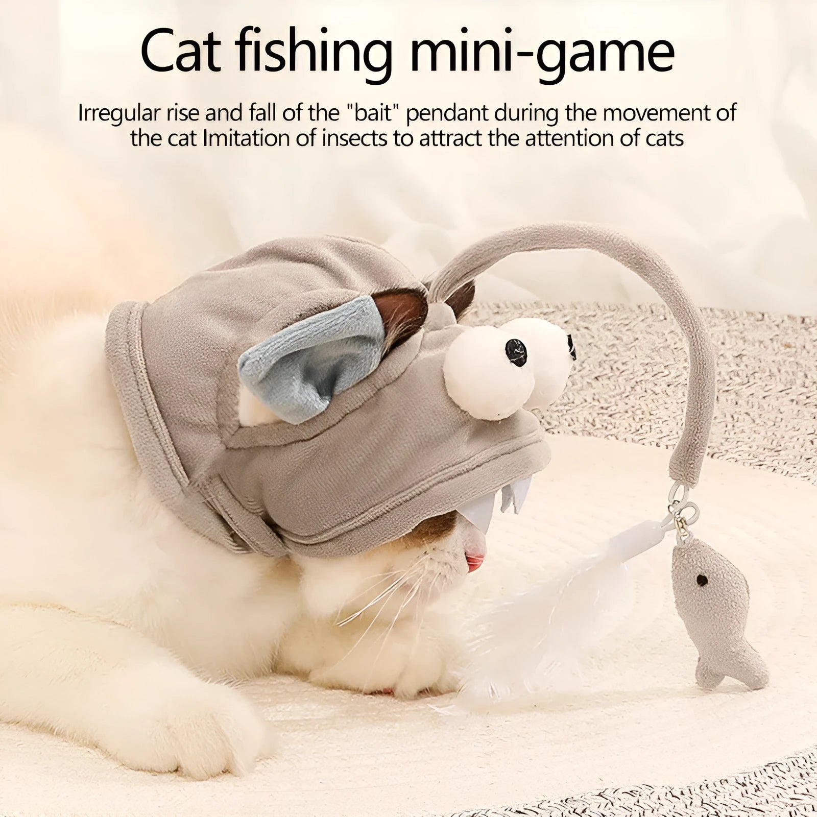 Grey big eye fish design cat toy with feather head teaser and adjustable neckband