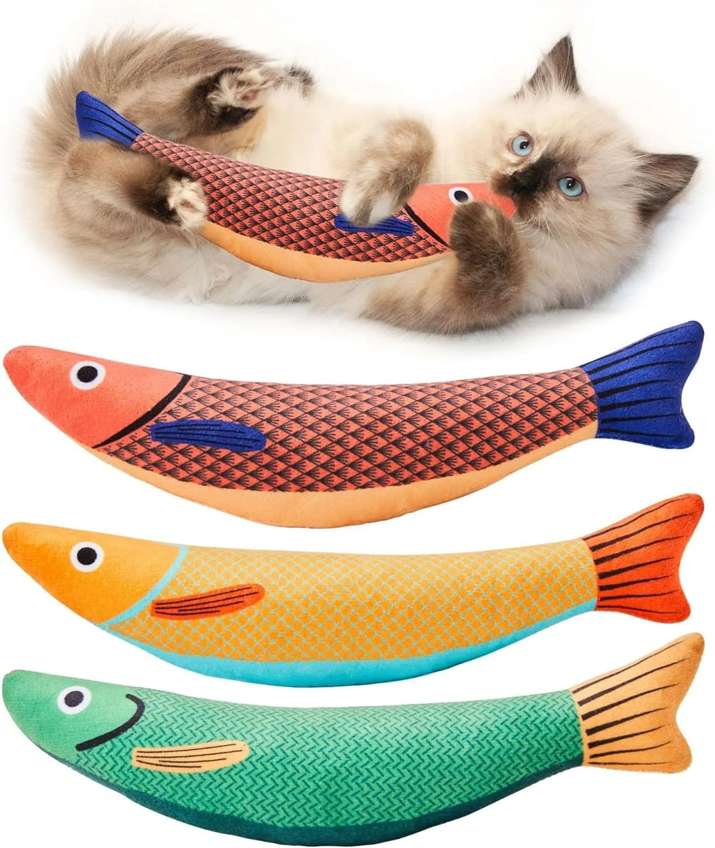 Soft plush fish-shaped cat toy with organic catnip stuffing in green, orange or yellow colours