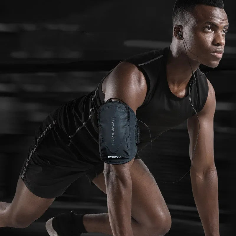 Black reflective running arm band with adjustable strap for a smartphone.