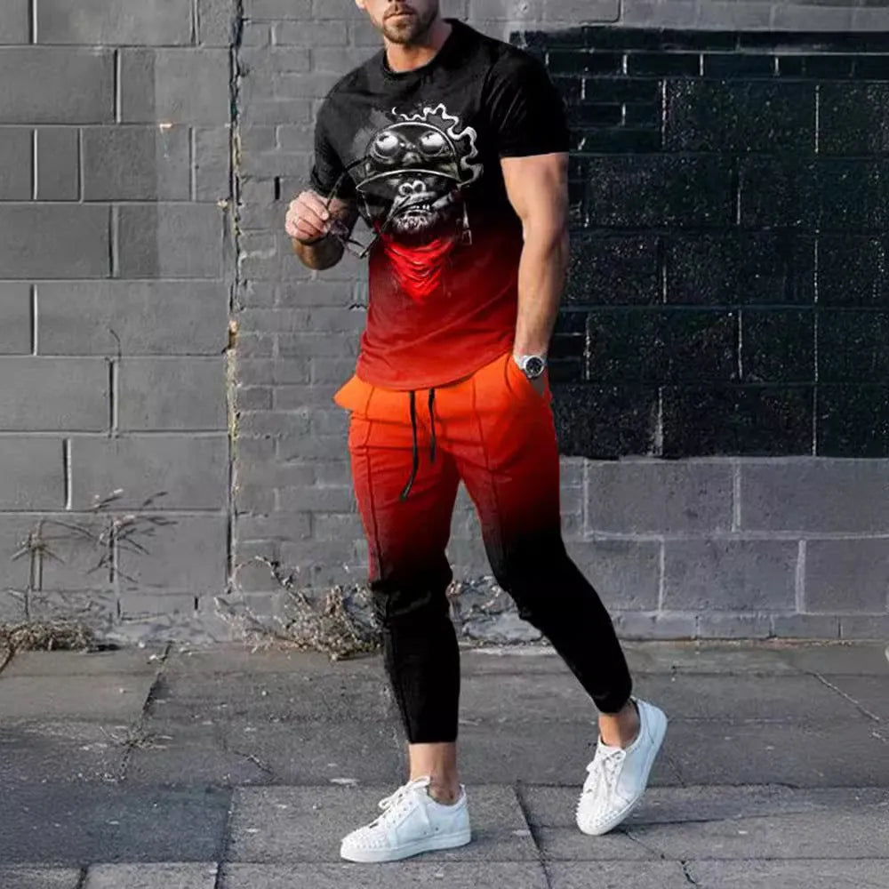Man wearing a thin, short-sleeved printed pullover and matching trousers from a polyester blend sport suit set.
