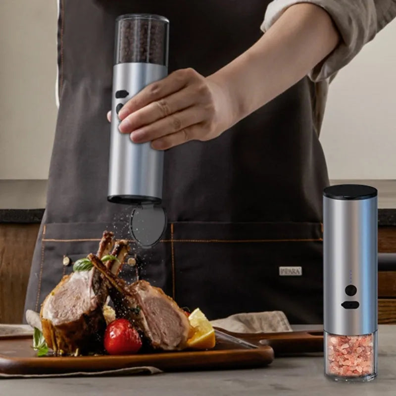 White electric salt and pepper grinder with clear glass jar and LED light
