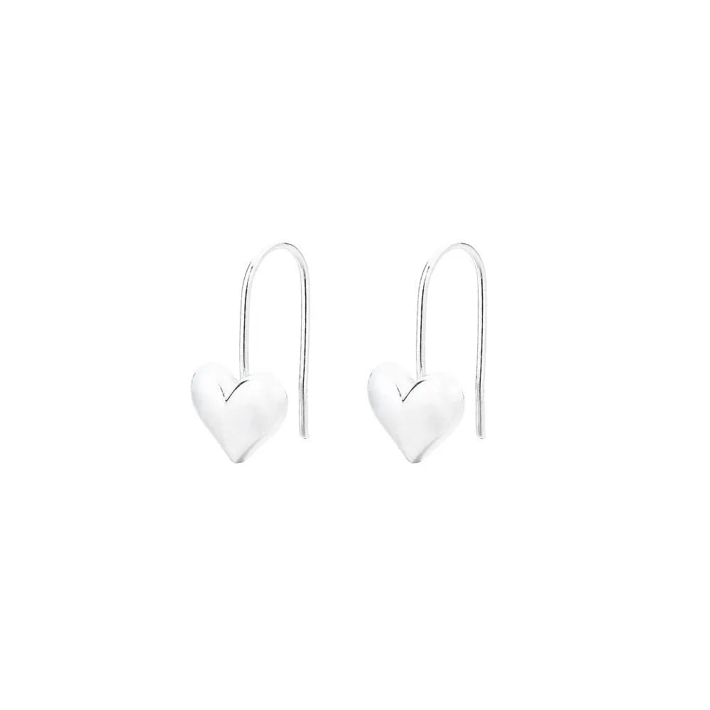 Silver heart-shaped earrings with Korean style design and glossy finish
